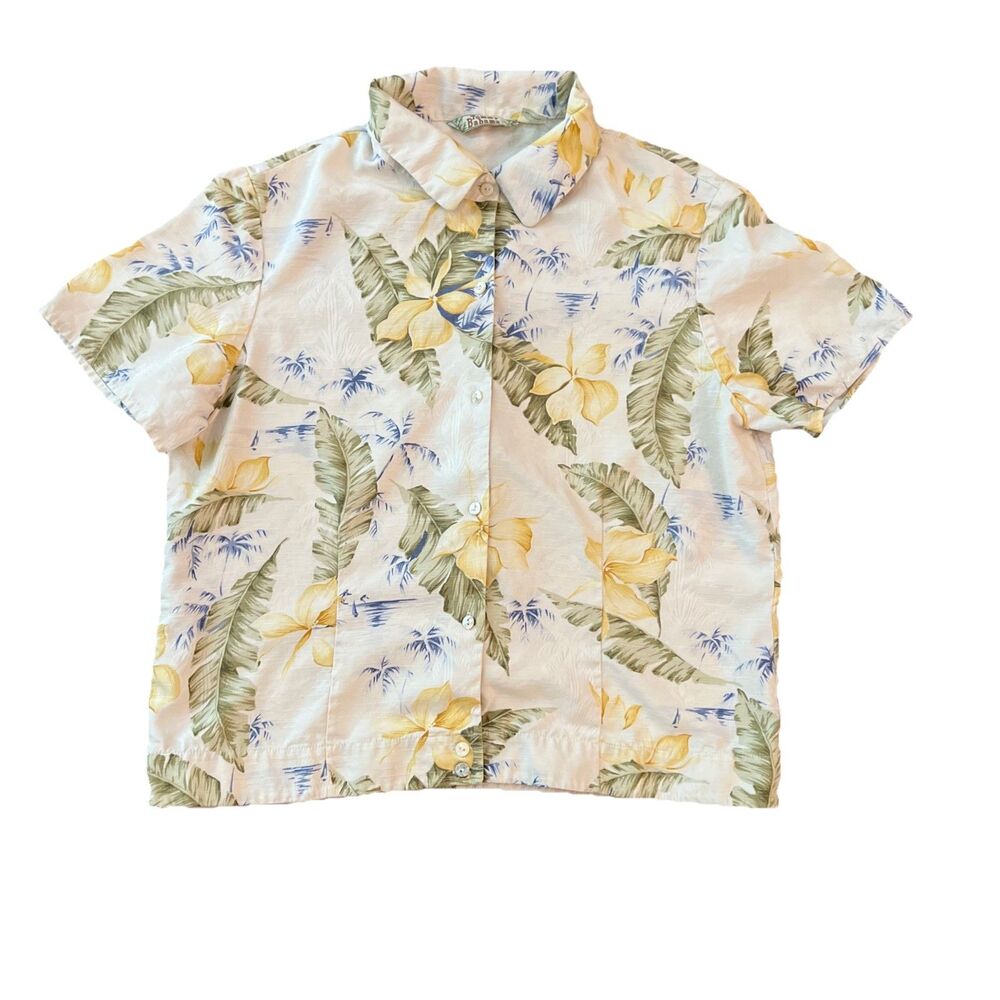 Vintage Tommy Bahama Women’s 100% Silk Button Up Shirt Medium Tropical Cropped